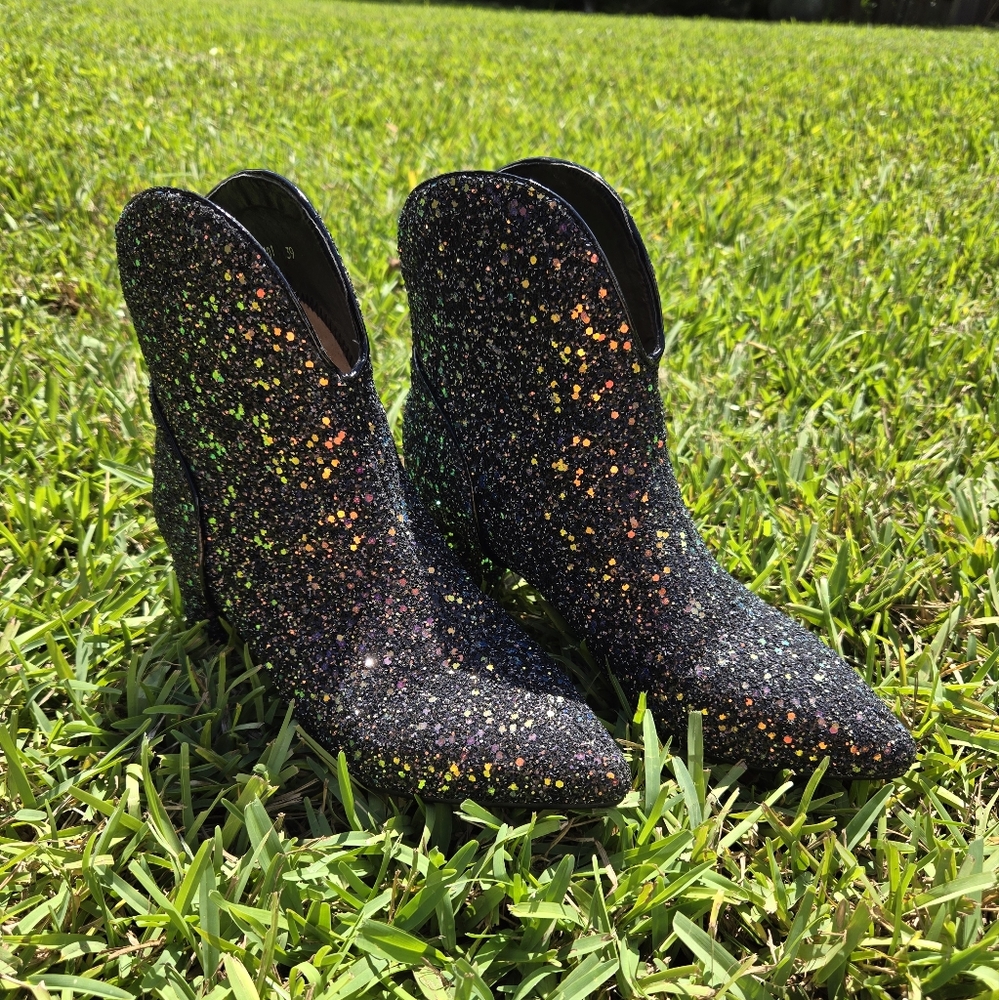 Sparkling Black Glitter Ankle Boots — Statement Sparkle Heels